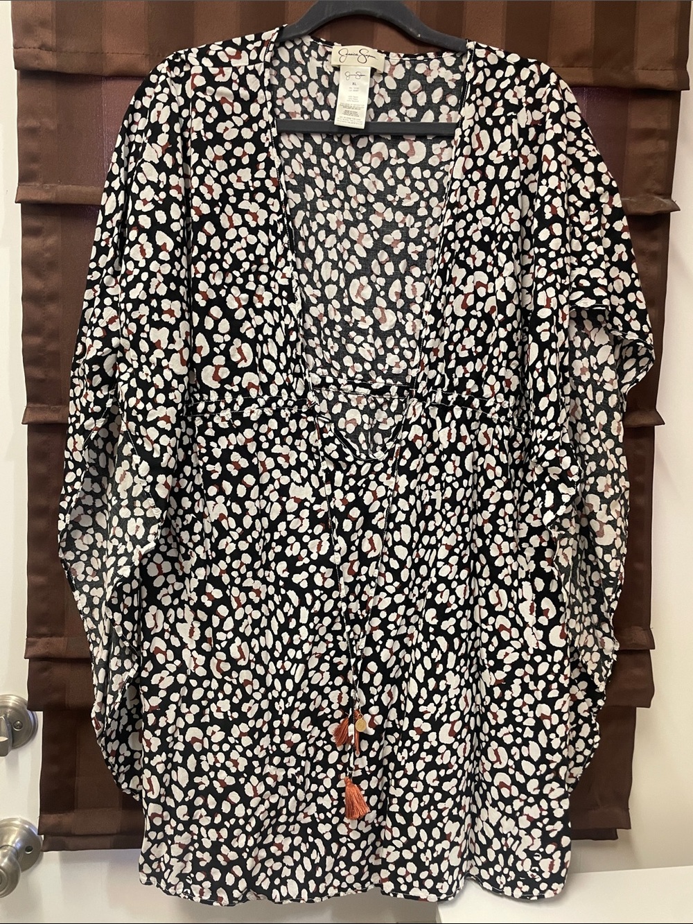 Jessica Simpson Black Abstract Spot V-Neck beach/pool Tunic with Tassels